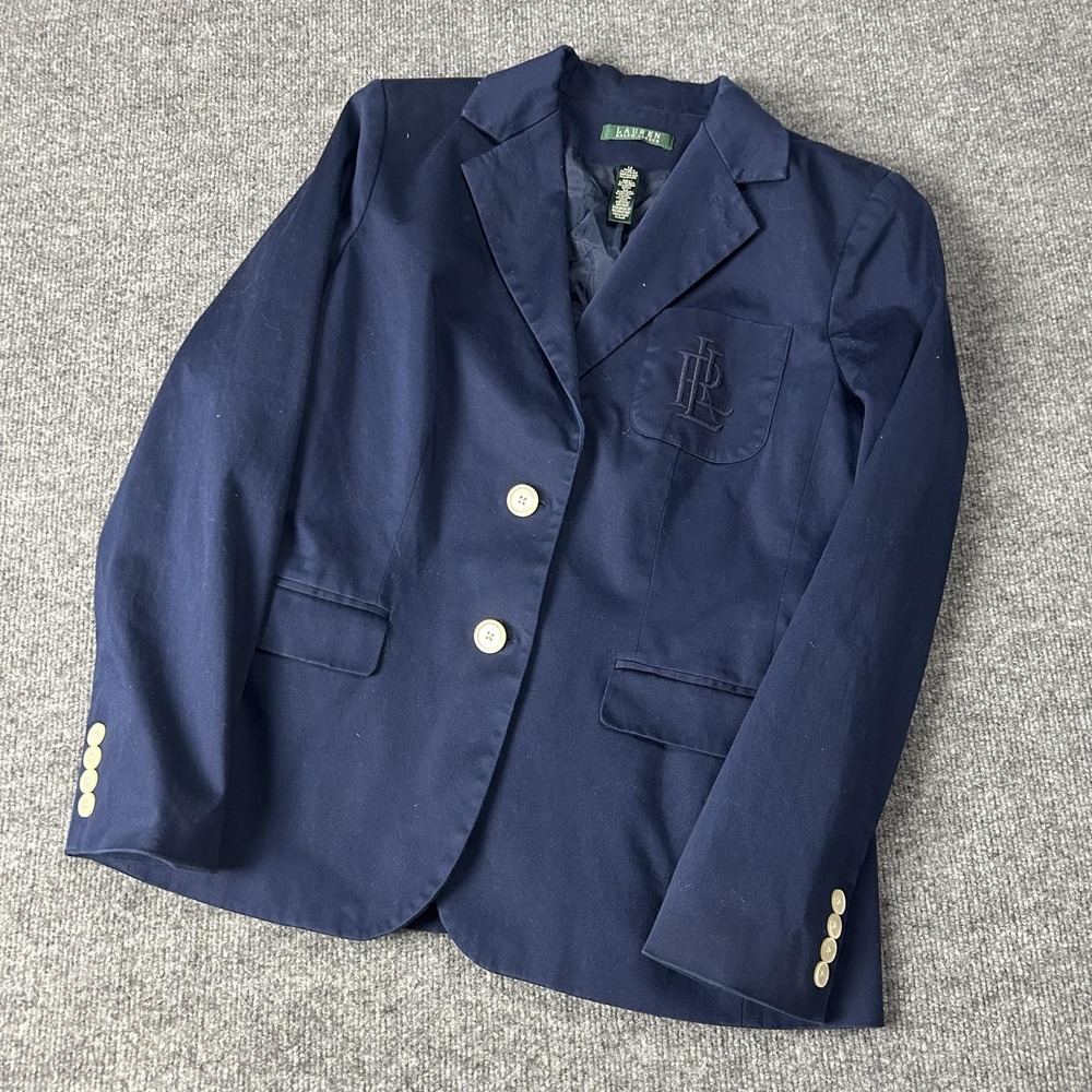 Lauren Ralph Lauren Blazer Womens 12 Blue Cotton Stretch 2 Button Monogram